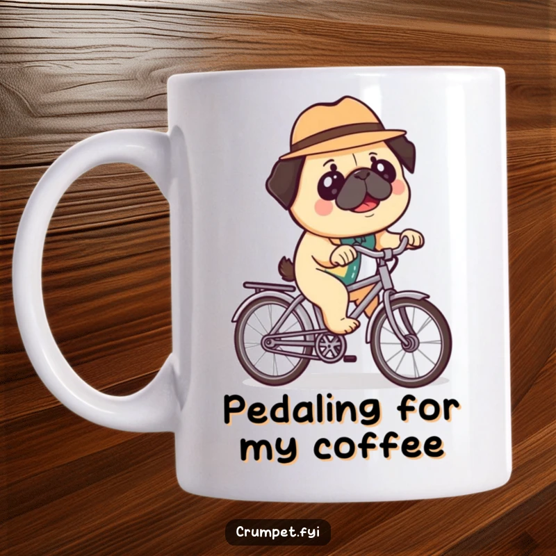 Funny mug featuring a happy pug in a bowler hat, charmingly riding a miniature bicycle, perfect for a whimsical and amusing caffeine fix.