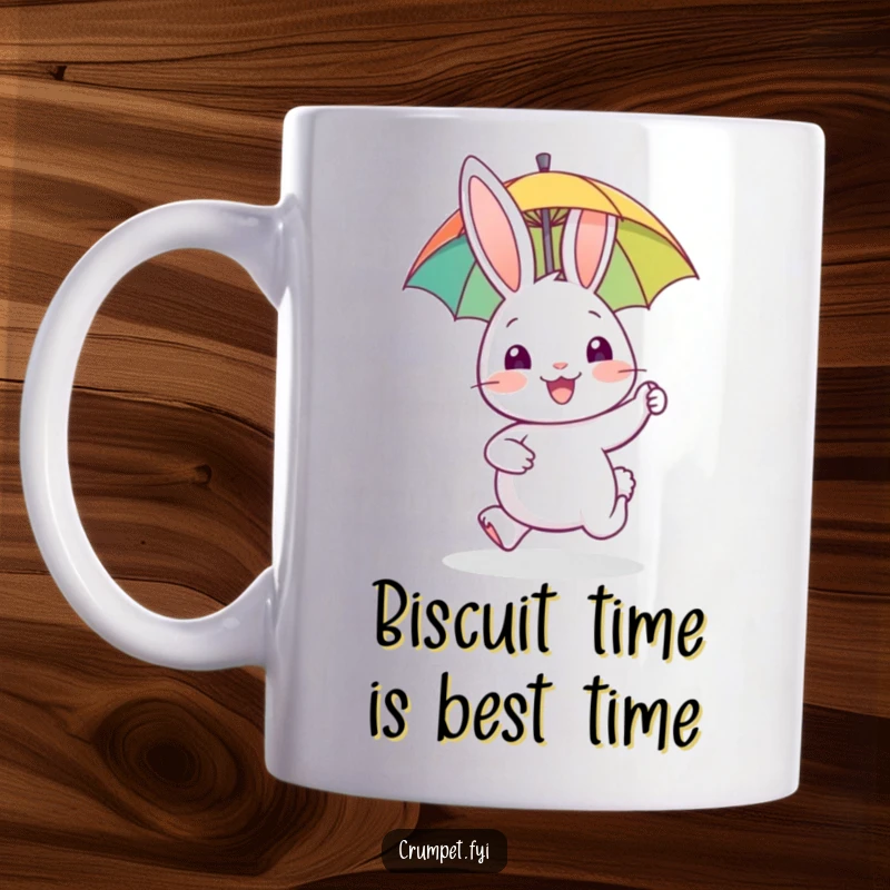 Funny rabbit mug, happy animal hopping with biscuit, cheerful cartoon character, whimsical breakfast mug, unique gift idea.