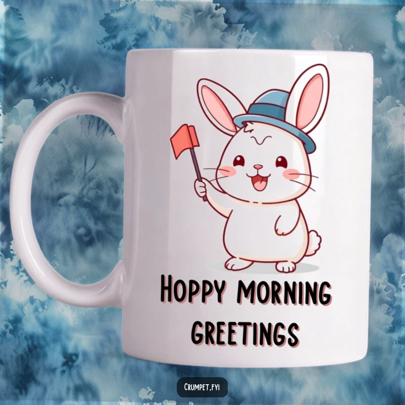 Funny Mug featuring a beaming rabbit wearing a bowler hat, enthusiastically waving a small flag, radiating happiness and playful celebration.