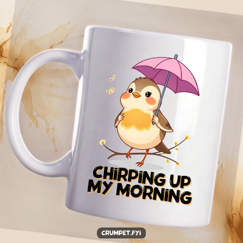 Funny Mug featuring a cheerful robin bird holding a tiny umbrella while chirping a happy tune, exuding melody and charm.