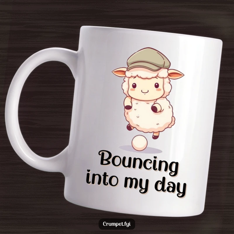 Funny Mug featuring a fluffy sheep wearing a flat cap, playfully bouncing a small ball, exuding joy and fun.