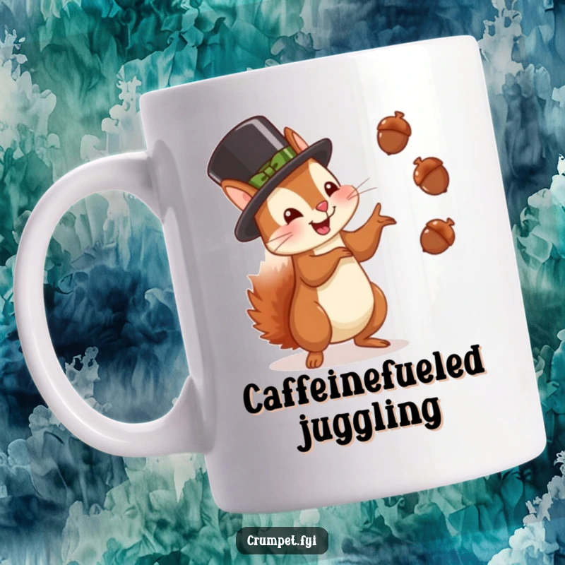 Funny squirrel mug, a squirrel in a bowler hat gleefully juggling acorns, perfect for a nutty and humorous gift.
