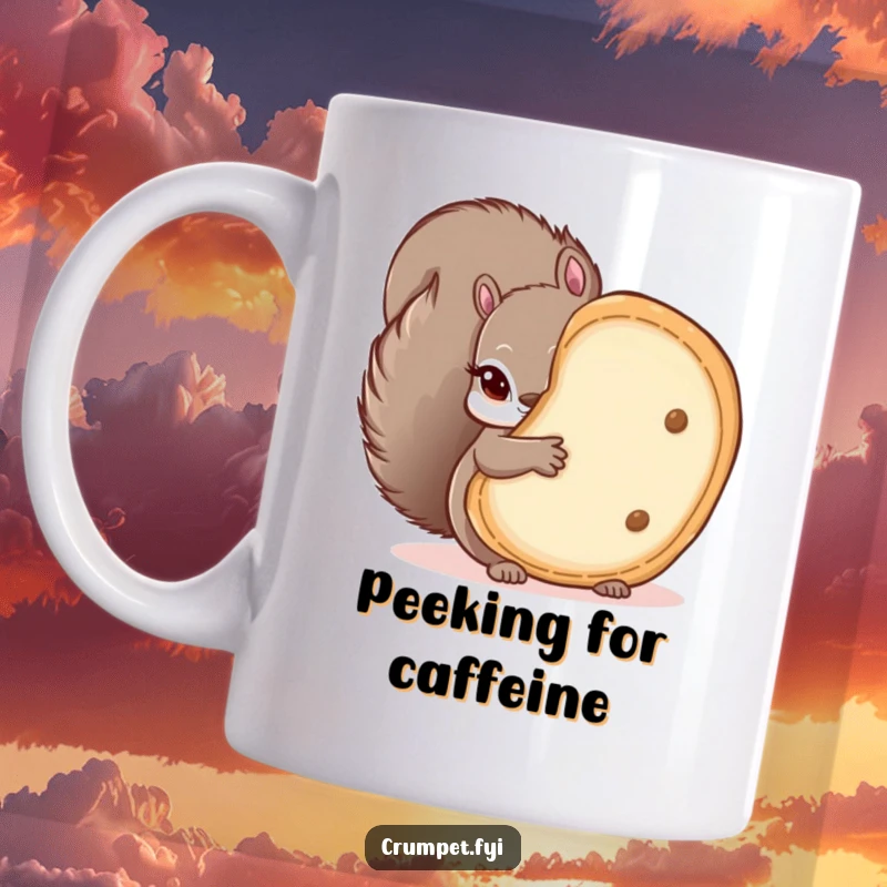 Funny mug featuring a mischievous squirrel peeking with a playful grin from behind a large crumpet, adding a touch of cheeky humor.