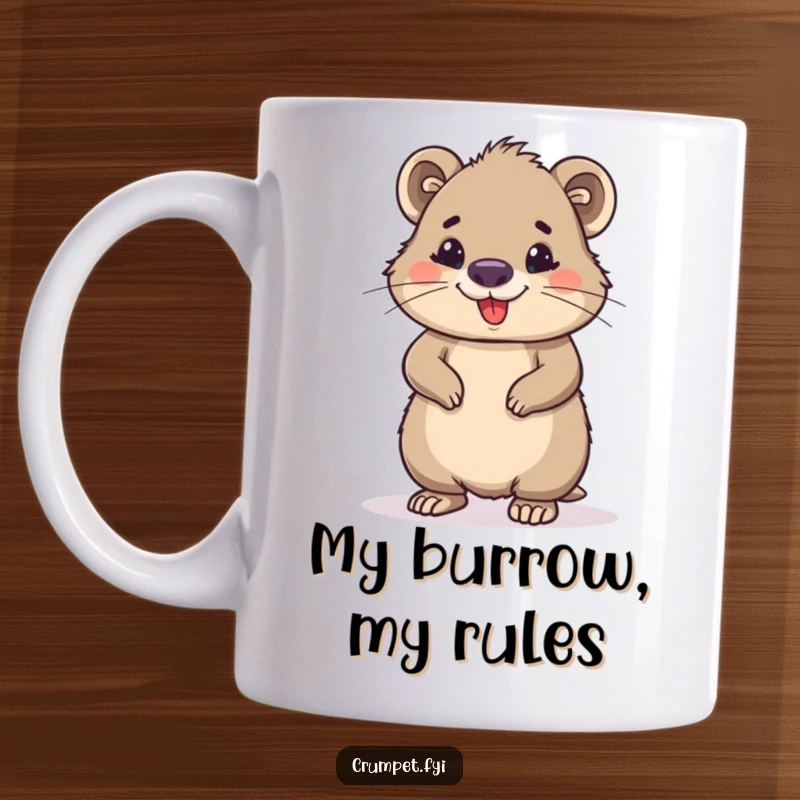 Funny wombat mug featuring a proud, smiling wombat standing tall, radiating confidence. Perfect for animal lovers seeking a humorous addition to their collection.