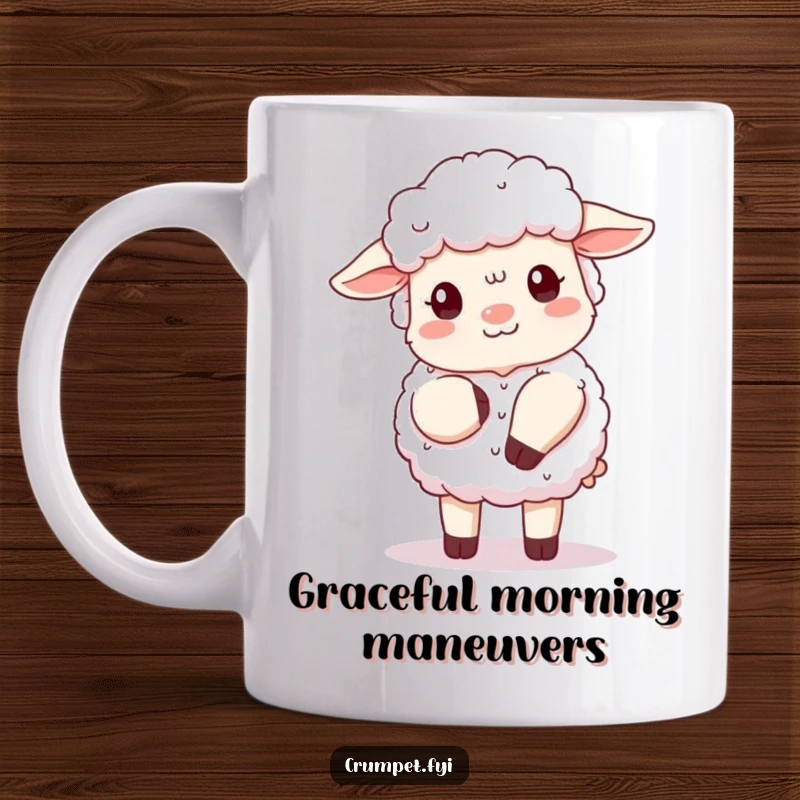 Funny sheep mug with a fluffy sheep attempting a clumsy curtsy, smiling politely, perfect for a quirky gift.