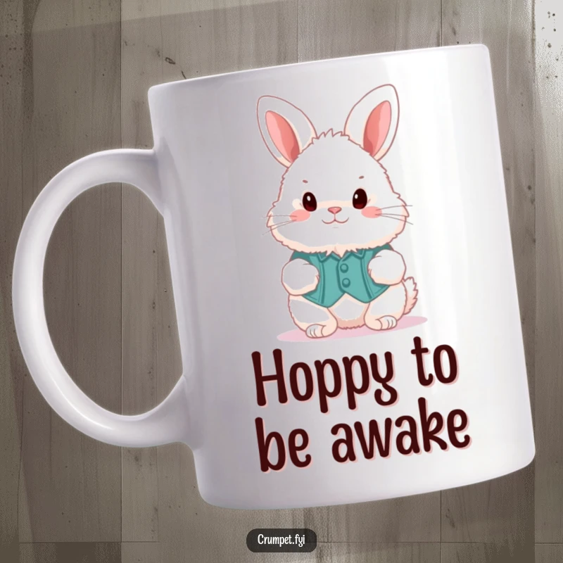 Funny fluffy bunny wearing a waistcoat, joyfully hopping on a mug, a cute and funny gift.