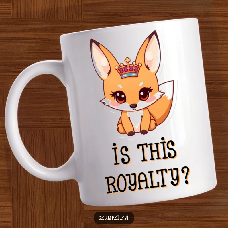 Funny mug with a wide-eyed curious fox peeking at a miniature royal crest, showcasing intrigue and a touch of mischief.