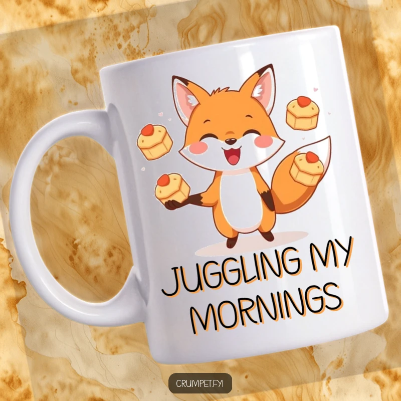 Funny mug featuring a joyful fox with a gleeful expression, skillfully juggling three tiny, golden-brown scones.