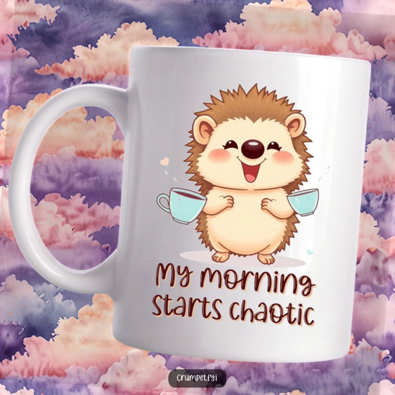 Funny Mug: A giggling hedgehog proudly juggles tiny teacups with a wide smile, capturing pure joy and playful chaos.