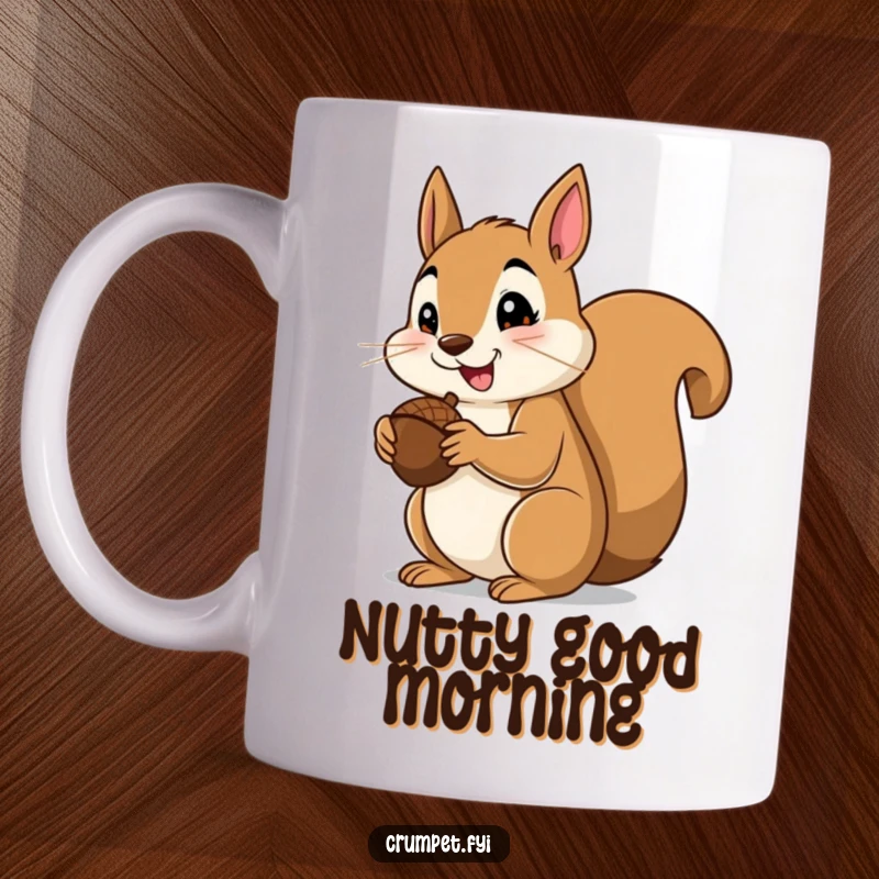 Funny squirrel mug featuring a happy squirrel munching an acorn and giving a big thumbs up, radiating contentment and good vibes.