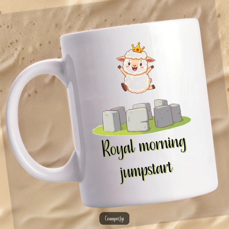 Funny Mug: Fluffy sheep wearing a tiny crown gleefully jumps over a miniature Stonehenge structure.