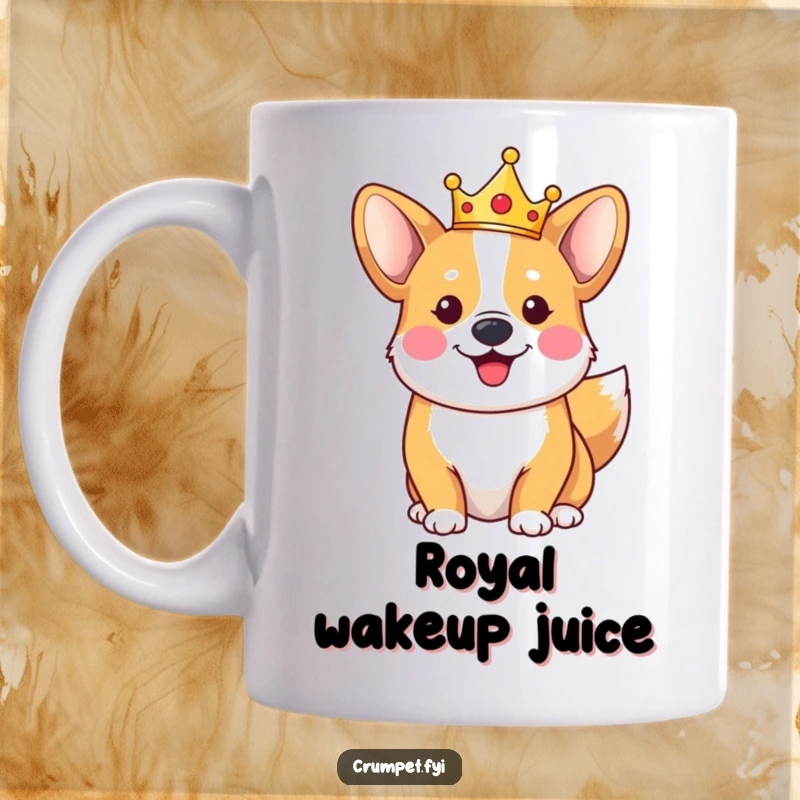Funny happy corgi mug wearing a tiny crown, tail wagging, embodying royal canine joy and playful charm.