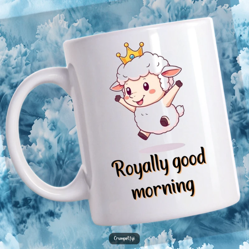 Funny Sheep Mug with a fluffy sheep wearing a crown, joyfully leaping in the air, expressing pure happiness and royalty.