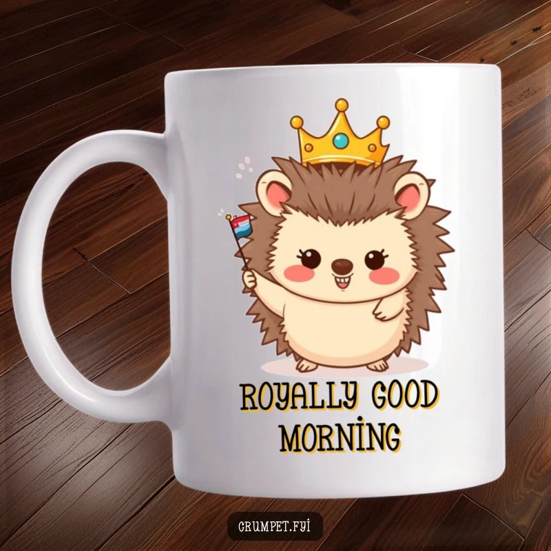 Funny mug showcasing a happy, crowned hedgehog character joyfully waving a miniature flag, embodying cheerful leadership.