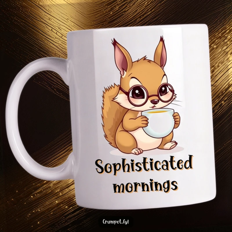 Funny Squirrel Mug showing a sophisticated squirrel wearing a monocle, delicately sipping tea from a teacup with a distinguished air.