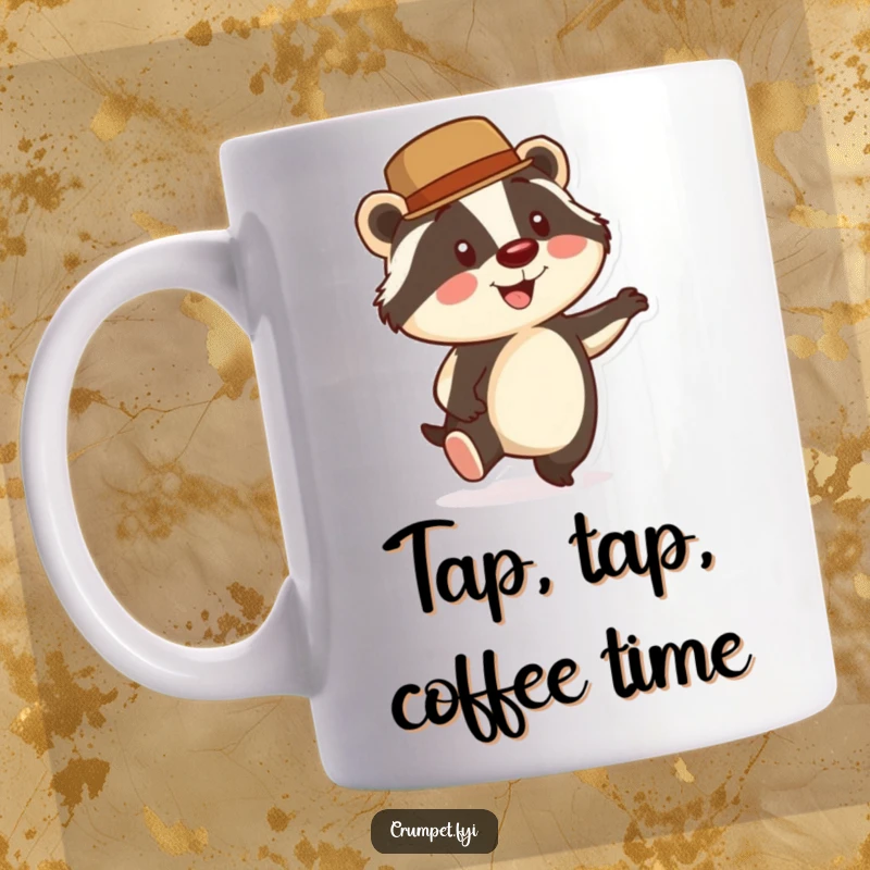 Funny Badger Mug: A smiling badger wearing a bowler hat taps its foot energetically, embodying dapper charm and humorous energy.