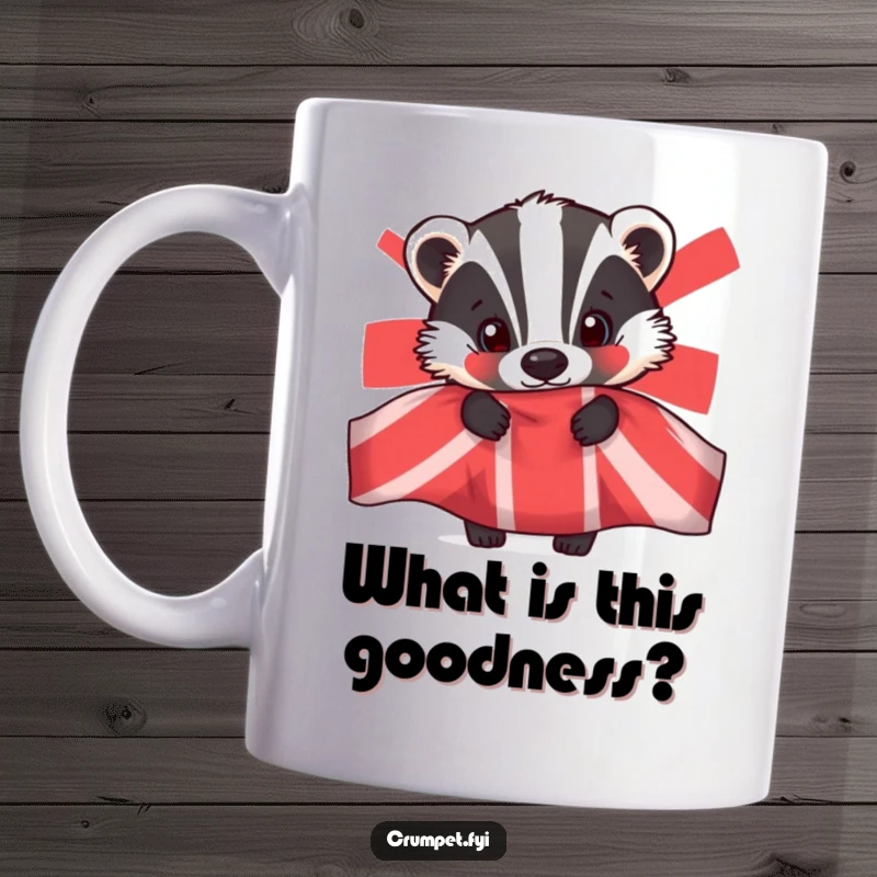 Funny badger mug, curious animal peeking from behind a patterned teapot, whimsical tea time design, unique gift for animal lovers.