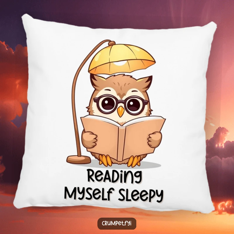 Funny Pillow featuring a soft, smiling owl in spectacles reading a book under a lamp, perfect for cozying up and intellectual vibes.