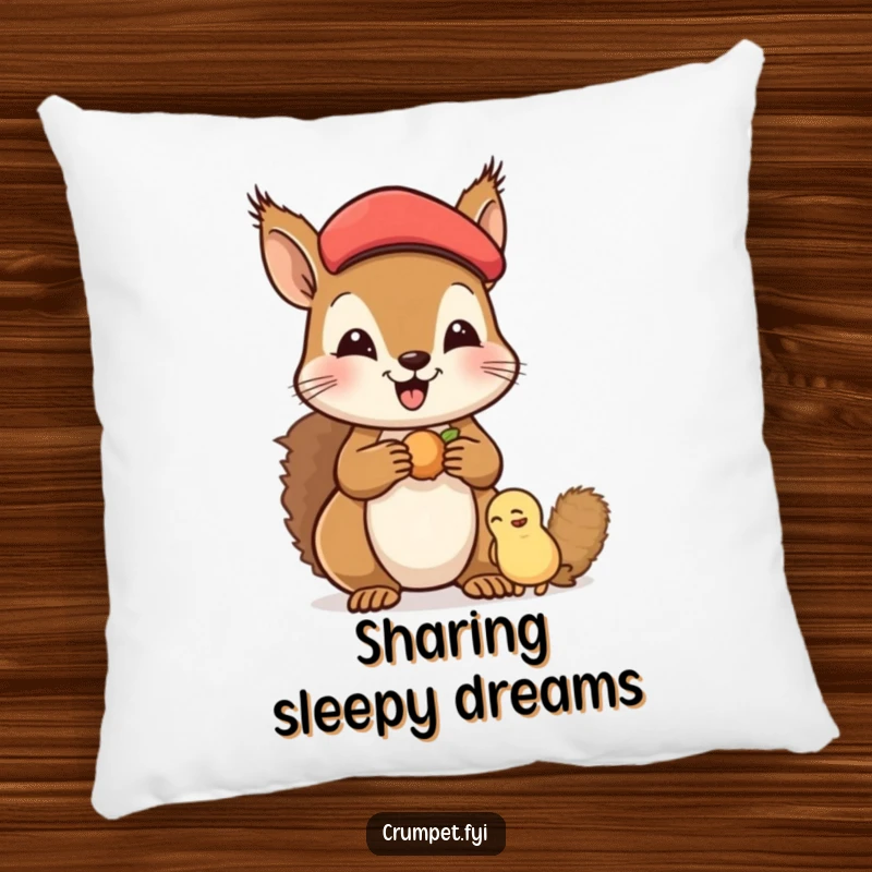 Funny Pillow featuring a soft, happy squirrel in a beret sharing nuts with a friend, perfect for cozying up and bringing cheerful vibes.