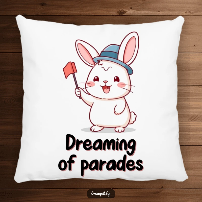 Funny Pillow featuring a soft, beaming rabbit in a bowler hat waving a flag, perfect for cozying up and bringing cheerful vibes.