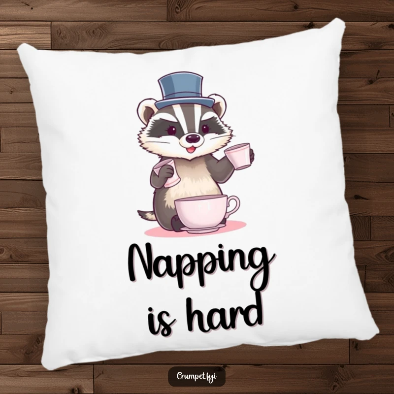 Funny Badger Pillow with a badger in a top hat juggling teacups, offering comfort and a touch of dapper humor.