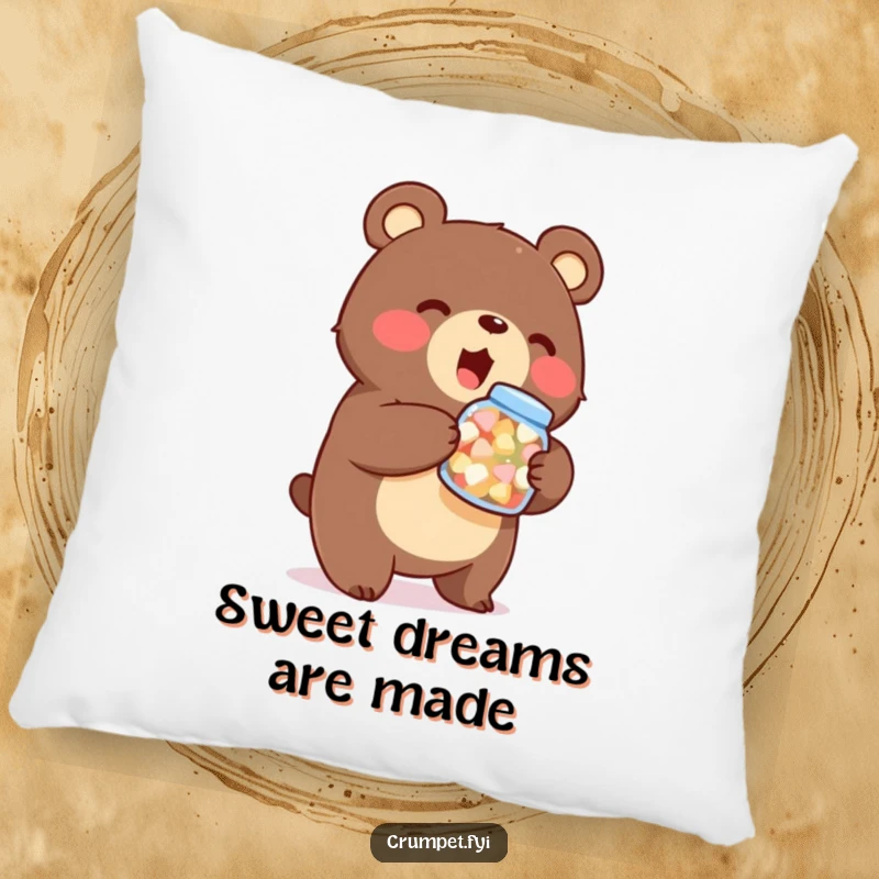 Funny bear pillow, decorative cushion, stout character holding sweets jar, soft plush toy, cute gift.