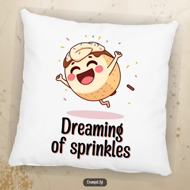 Funny Coffee Cake Pillow showcasing a happy character executing a cartwheel amidst flying sprinkles, adding a touch of humor to any room.