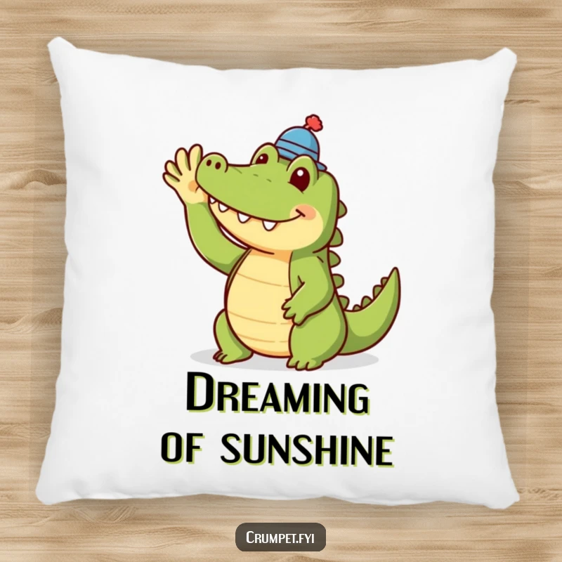 Funny crocodile pillow featuring a smiling crocodile in a tiny hat, waving hello. Soft and humorous decor for sofas or beds.