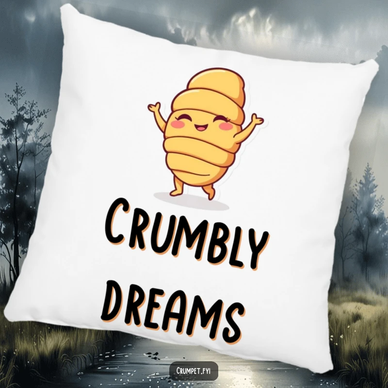 Funny pillow featuring a happy croissant character doing a silly dance, providing soft comfort and delightful pastry humor, great funny gift.