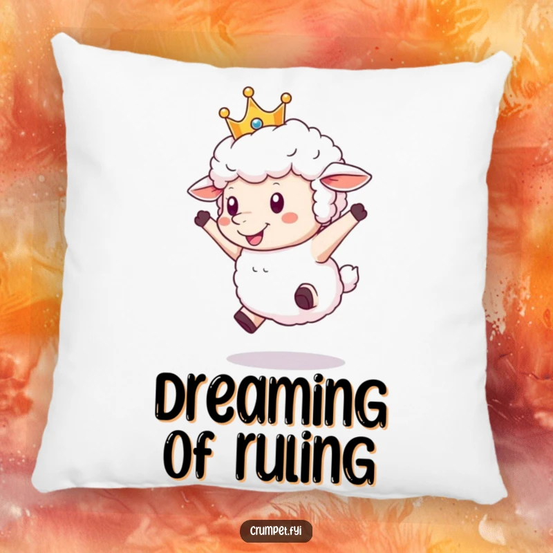 Funny Sheep Pillow with a fluffy sheep wearing a crown, joyfully leaping, bringing comfort and a humorous royal vibe.
