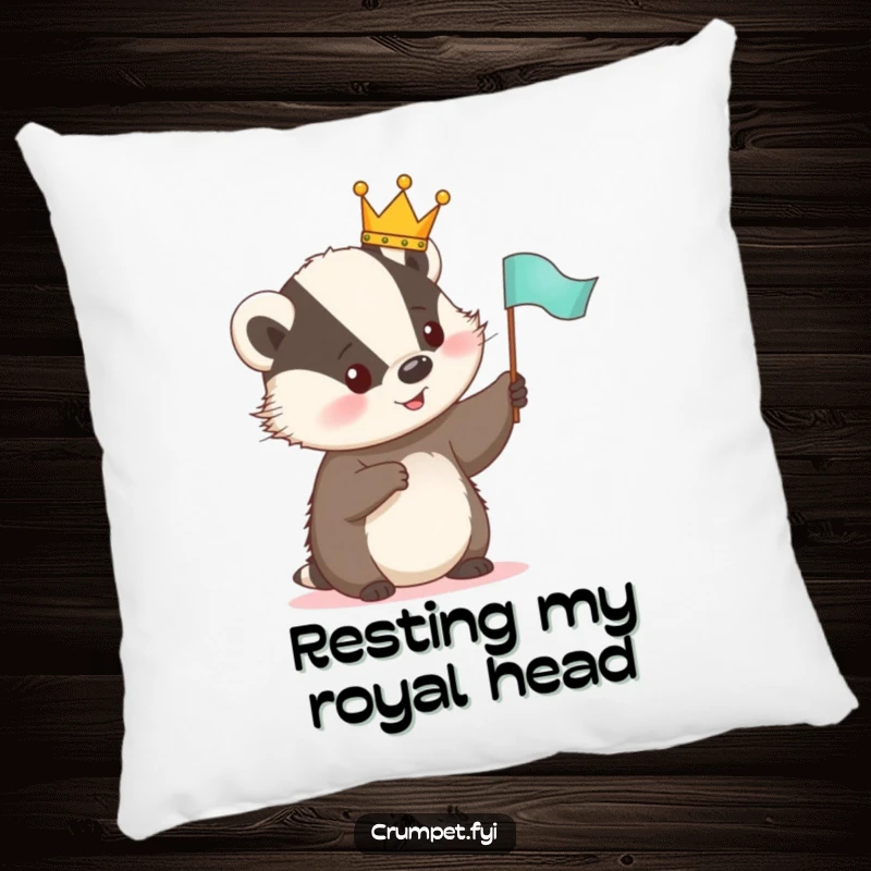 Funny Pillow with a cute badger in a tiny crown, happily waving a small flag, adding a cheerful royal touch.