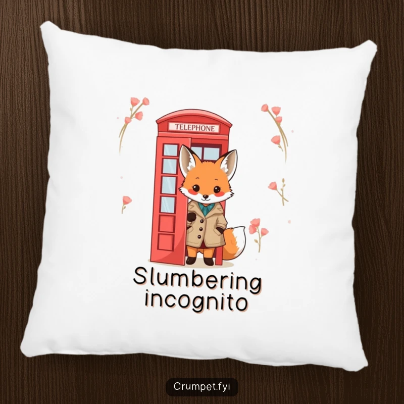 Funny Fox Pillow: A cute fox in a tweed jacket peeks from behind a red telephone box, offering comfort and playful, humorous style.