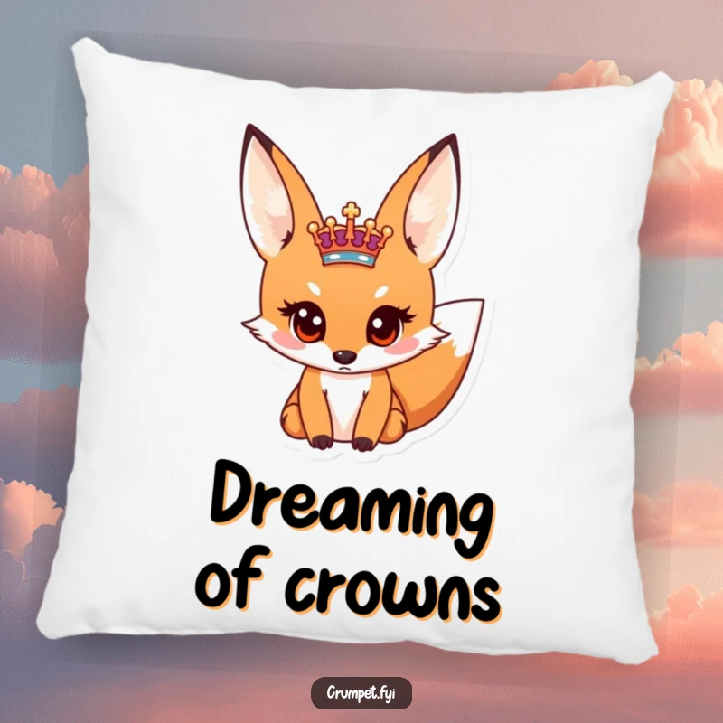 Funny pillow cushion with a curious fox staring at a tiny royal crest, offering comfort and a humorous visual.