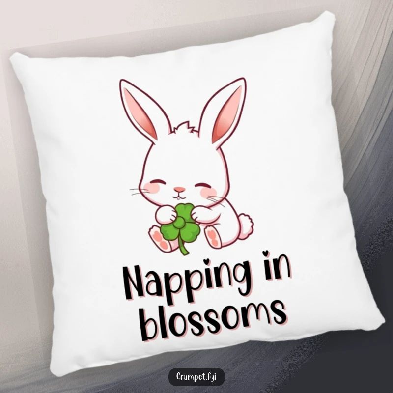 Funny rabbit with perked ears contentedly nibbling a garden flower on a plush pillow. A cozy funny gift.