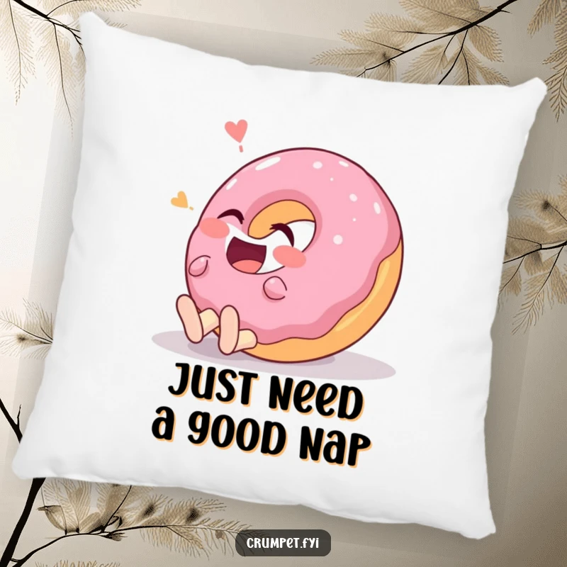 Funny donut character rolling on the ground laughing hysterically on a soft pillow, ideal for cozy amusement.