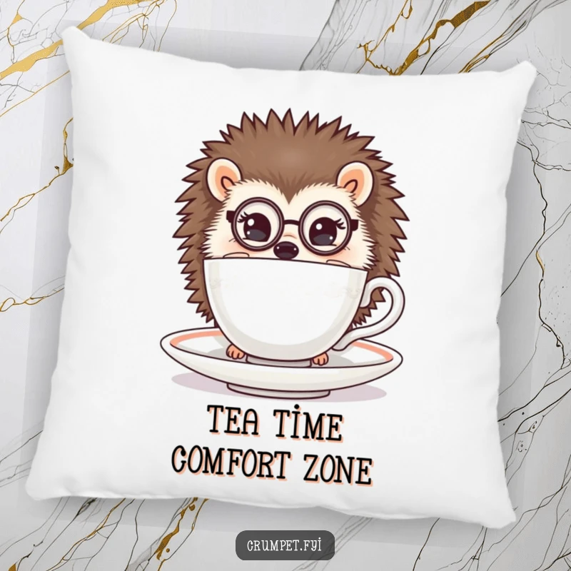 Funny hedgehog pillow with a hedgehog wearing a monocle peeking from behind a teacup, comfortable and humorous decor gift.