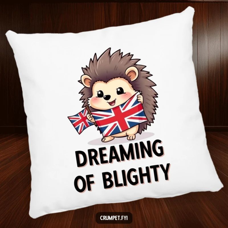 Funny happy hedgehog pillow featuring a Union Jack flag, offering soft, patriotic comfort and a cheerful touch.