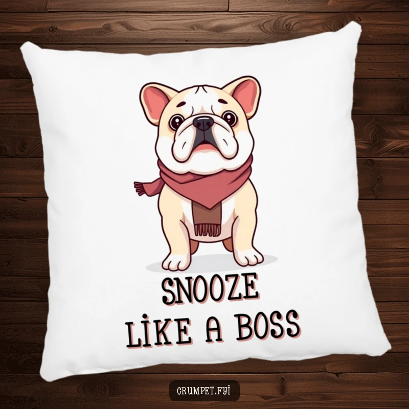 Funny proud bulldog wearing a scarf, standing tall and strong, featured on a decorative pillow.