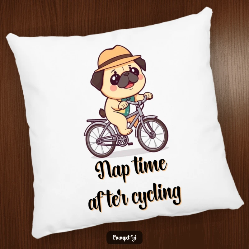 Funny pillow featuring a happy pug wearing a bowler hat, riding a miniature bicycle, offering soft comfort and a dose of adorable, quirky humor.