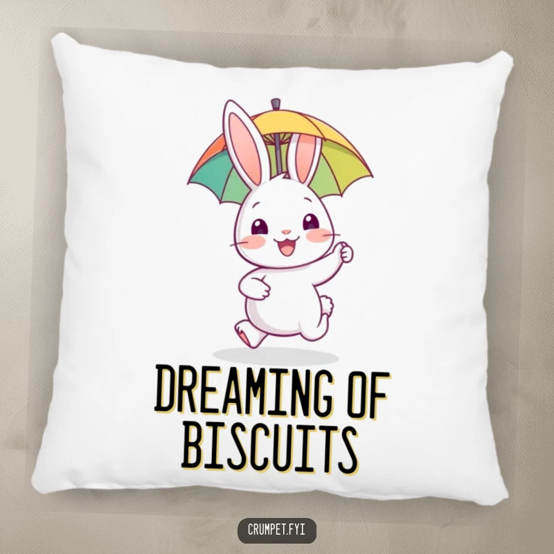 Funny rabbit pillow, decorative cushion, happy animal hopping with biscuit, soft plush toy, cute gift.