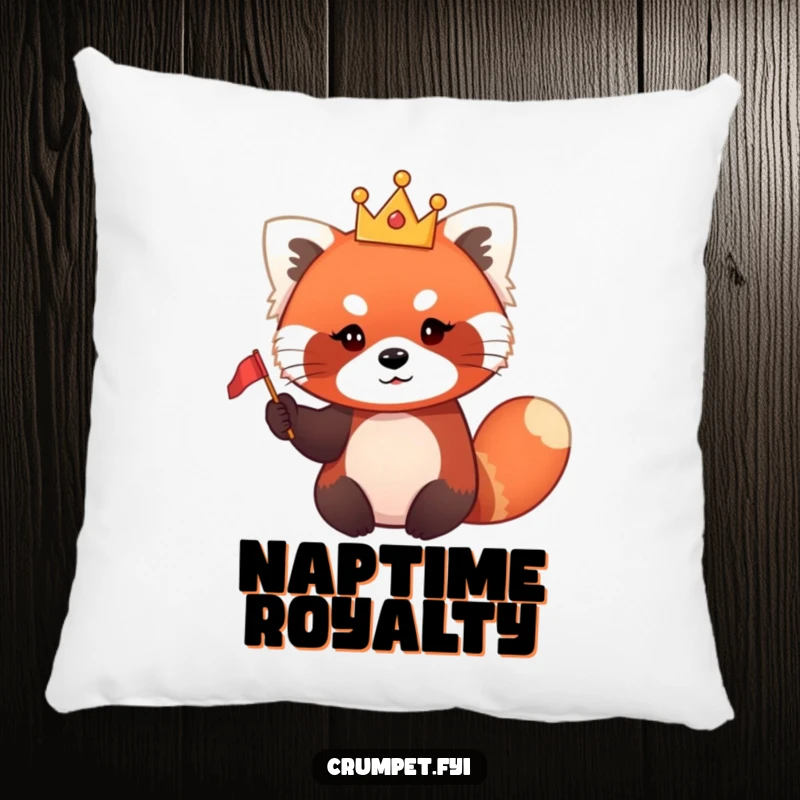 Funny red panda pillow featuring a cute red panda character wearing a tiny crown and waving a small flag.