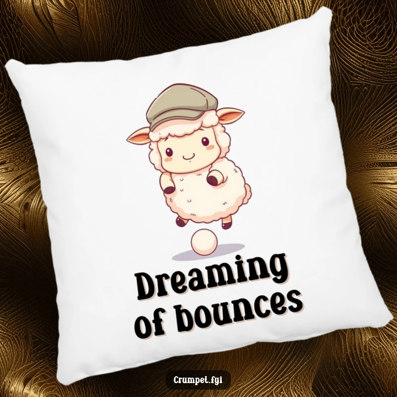 Funny Pillow featuring a fluffy sheep in a flat cap, bouncing a ball, perfect for adding soft, humorous comfort.