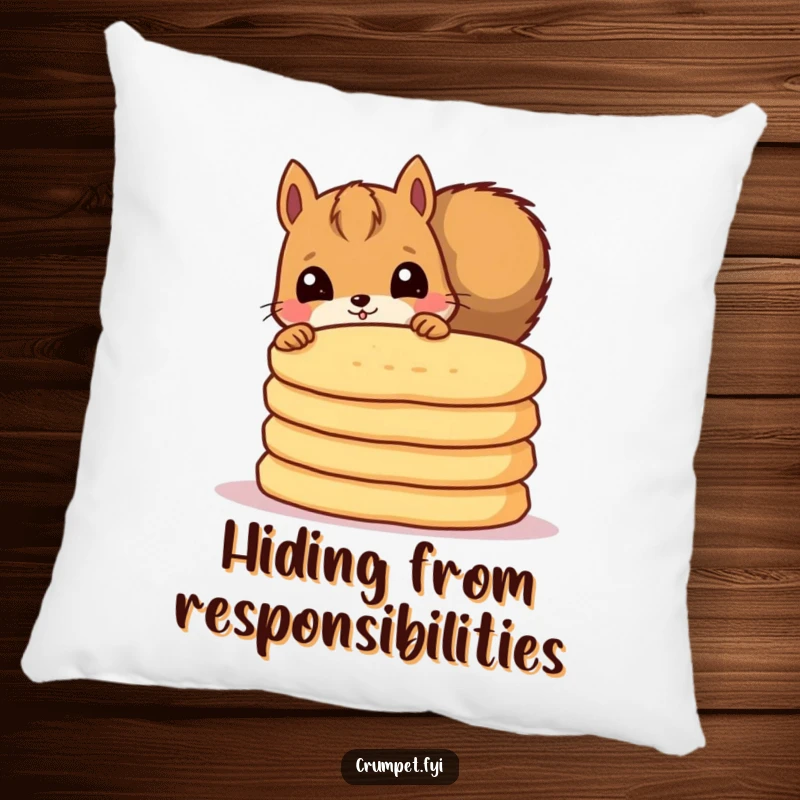 Funny pillow with a curious squirrel peeking out from behind crumpets, offering comfort and a playful touch.