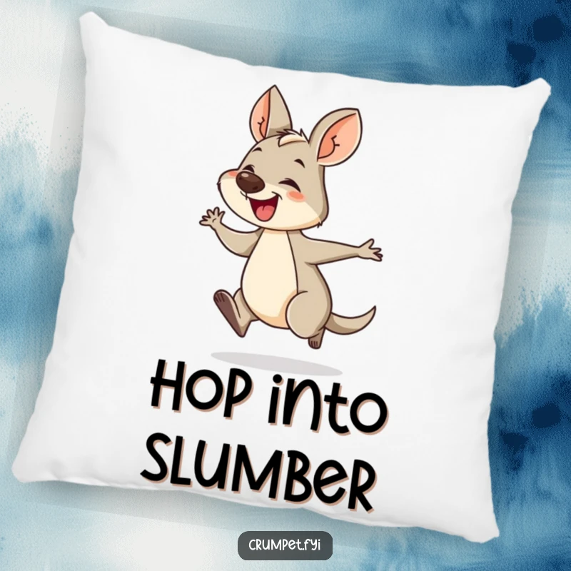 Funny wallaby pillow featuring a giggling wallaby hopping energetically. A soft and humorous accent for any room.