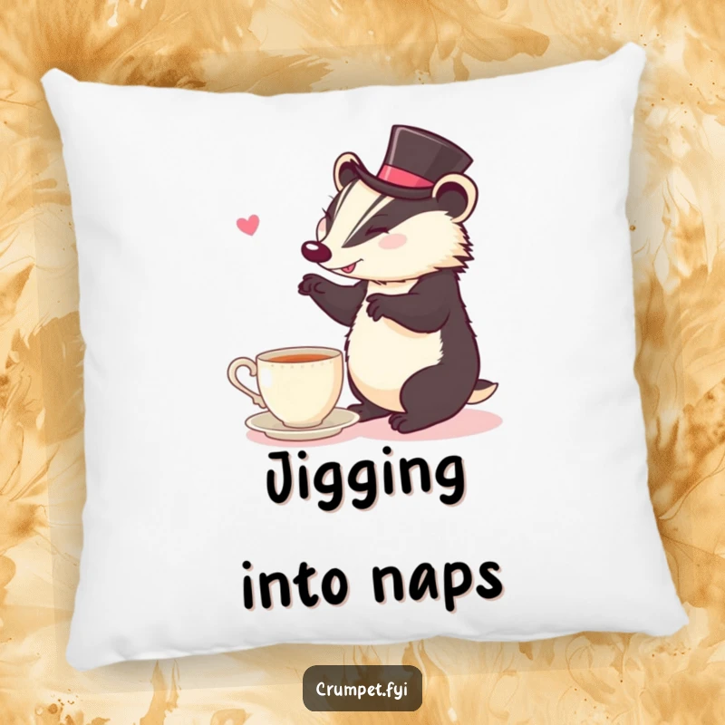 Funny Pillow: A cheerful badger in a top hat is shown dancing near a teacup.
