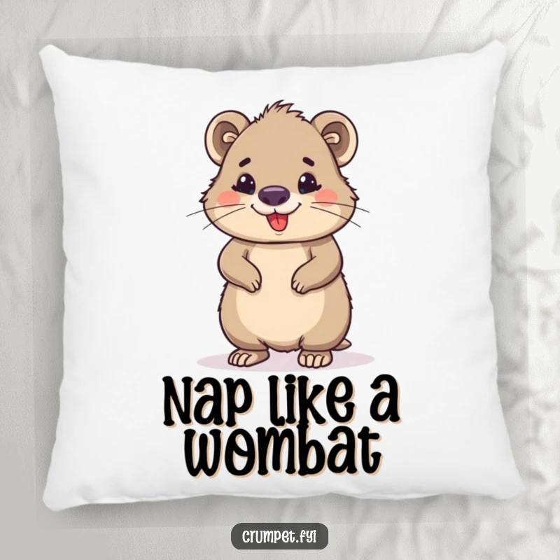 Funny wombat pillow featuring a proud, smiling wombat, offering comfort and a touch of playful confidence. A delightful accent for sofas or beds.
