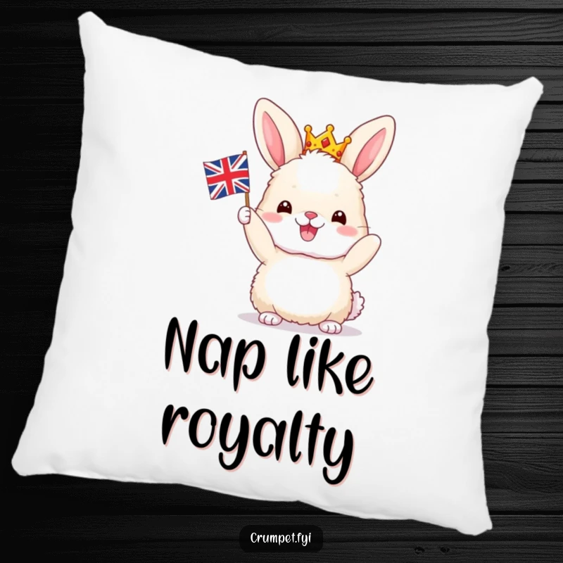Funny Bunny Pillow: A fluffy crowned bunny joyfully waves a miniature Union Jack, offering comfort and a humorous British accent.