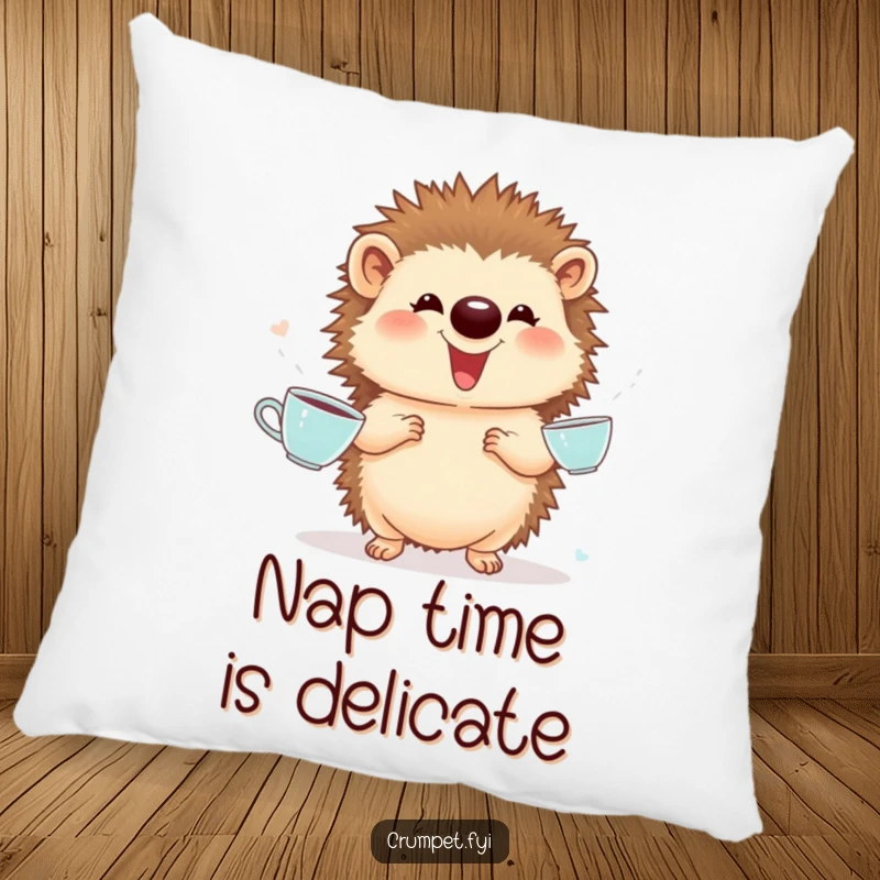 Funny Pillow: A proud, giggling hedgehog juggles miniature teacups with a happy expression, creating a cozy scene of playful delight.
