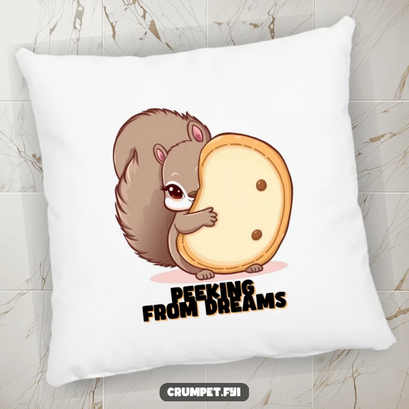 Funny decorative pillow featuring a mischievous squirrel peeking from behind a large crumpet, perfect for adding cozy humor and charm.