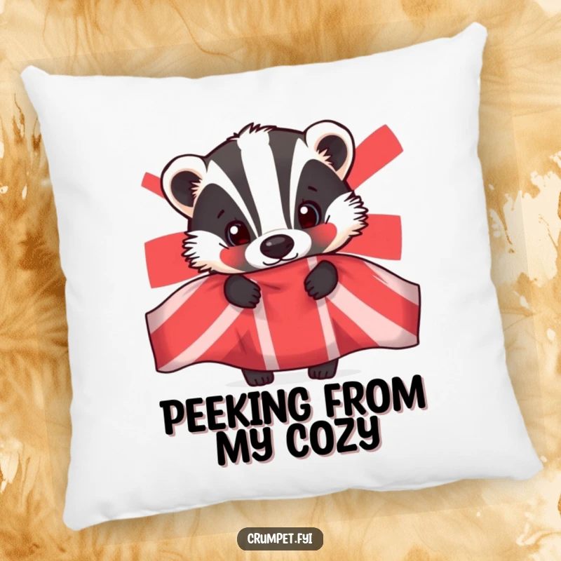Funny badger pillow, decorative cushion, curious animal peeking from teapot, cozy home decor, unique gift.